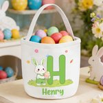 Personalized Cute Easter Bunny Egg Initial Large Capacity Canvas Easter Basket with Name Eggs Hunting Party Easter Gift for Kids
