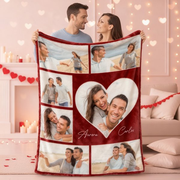 Manta suave personalizada con 5 a 9 fotos corazones y nombres de pareja regalo de San Valentín y aniversario para parejas