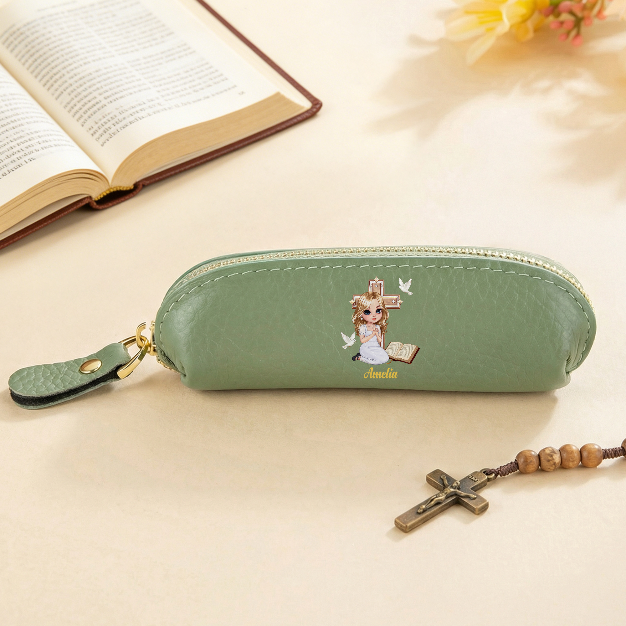 Mini porte monnaie rosaire en cuir avec nom Baptême Confirmation Anniversaire Cadeau d'anniversaire pour chrétiens