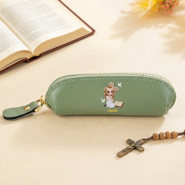 Personalized Cross Bible Book Cartoon Prayer Character Mini PU Leather Rosary Coin Handbag with Name Baptism Confirmation Birthday Gift for Christians