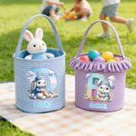 Personalized Cute Cartoon Rabbit Initial Easter Plaid Basket with Ruffles and Name Egg Hunting Party Easter Gift for Kids