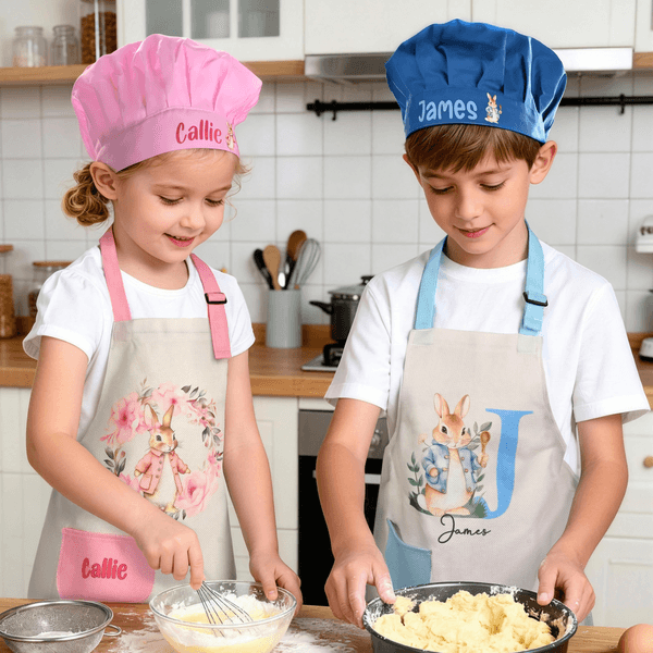 Personalised Wreath Cute Peter Rabbit Name Kid Apron Chef Hat Set with Storage Bag and Front Pocket Baking Easter Children's Day Gift for Kids