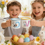 Gepersonaliseerde Cartoon Sport Konijn Initial 12 oz Gekleurde rand emaille mok met naam Pasen Party Gift voor jongens meisjes