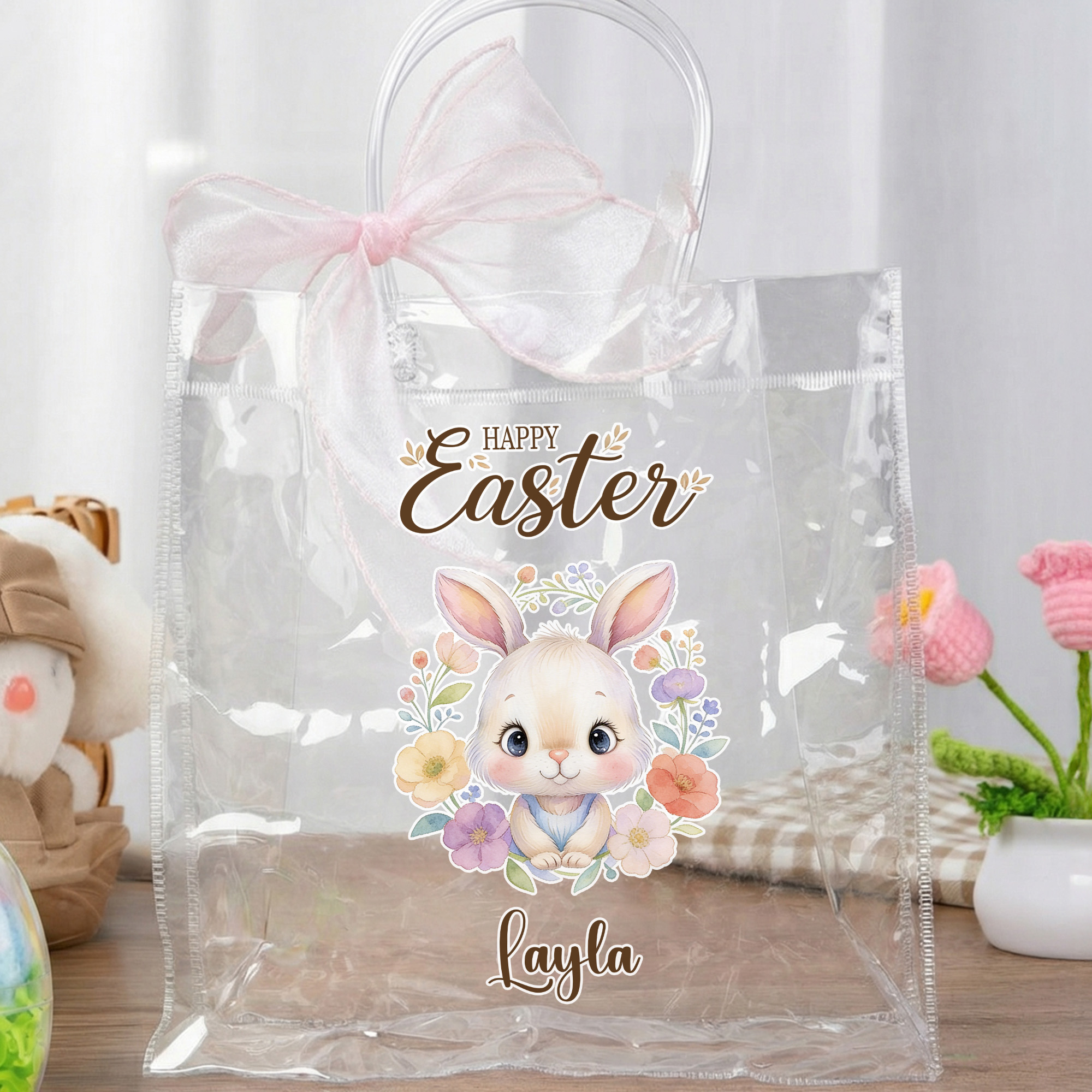 Sac cadeau transparent avec nom et ruban rose pour animaux floraux Emballage de friandises pour les fêtes de Pâques Cadeau pour enfants