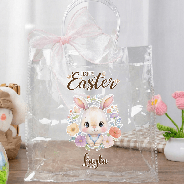 Personalized Floral Animals Clear Gift Bag with Name and Pink Bow Ribbon Holiday Treat Packaging Easter Party Favors Gift for Kids
