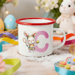 Gepersonaliseerde Cartoon Sport Konijn Initial 12 oz Gekleurde rand emaille mok met naam Pasen Party Gift voor jongens meisjes