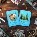 Personalised Pine Tree Wildflower Mr Mrs Leather Passport Holder with Name and Date Wedding Honeymoon Anniversary Gift for Couple Travel Lover