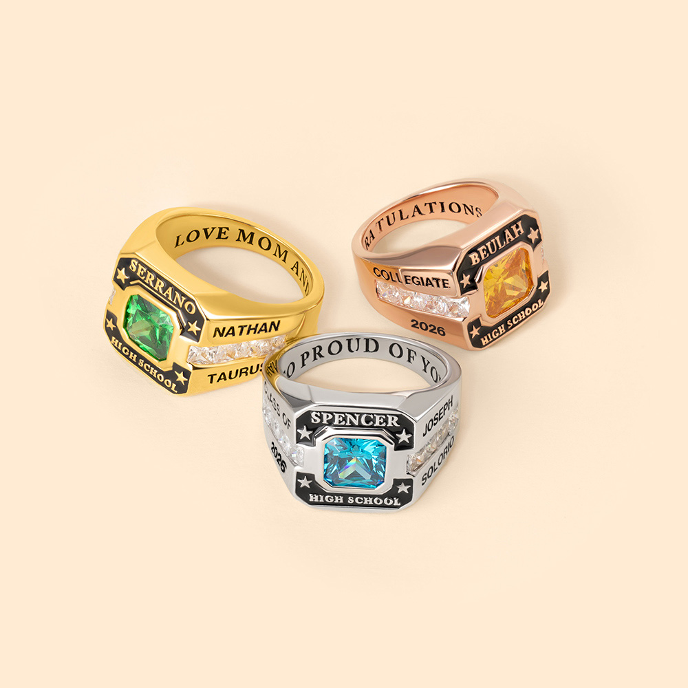 Bague de classe personnalisée avec pierre de naissance et texte gravé Graduation Anniversary Gift for Graduates