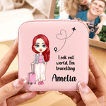 Personalized Cute Cartoon Character PU Leather Jewelry Box with Text and Name Travel Essential Birthday Anniversary Gift for Women