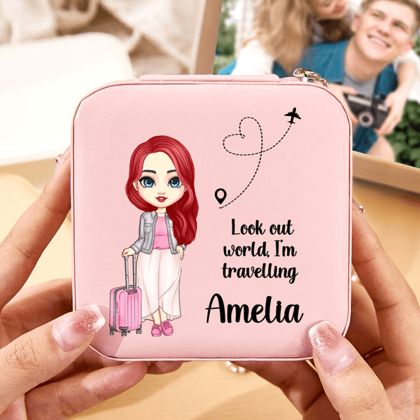 Personalized Cute Cartoon Character PU Leather Jewelry Box with Text and Name Travel Essential Birthday Anniversary Gift for Women