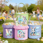 Personalized Cute Cartoon Rabbit Initial Easter Plaid Basket with Ruffles and Name Egg Hunting Party Easter Gift for Kids