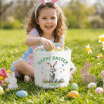 Personalized Happy Easter Bunny Design Large Capacity Canvas Easter Basket with Name and Text Easter Egg Hunting Party Gift for Boys Girls