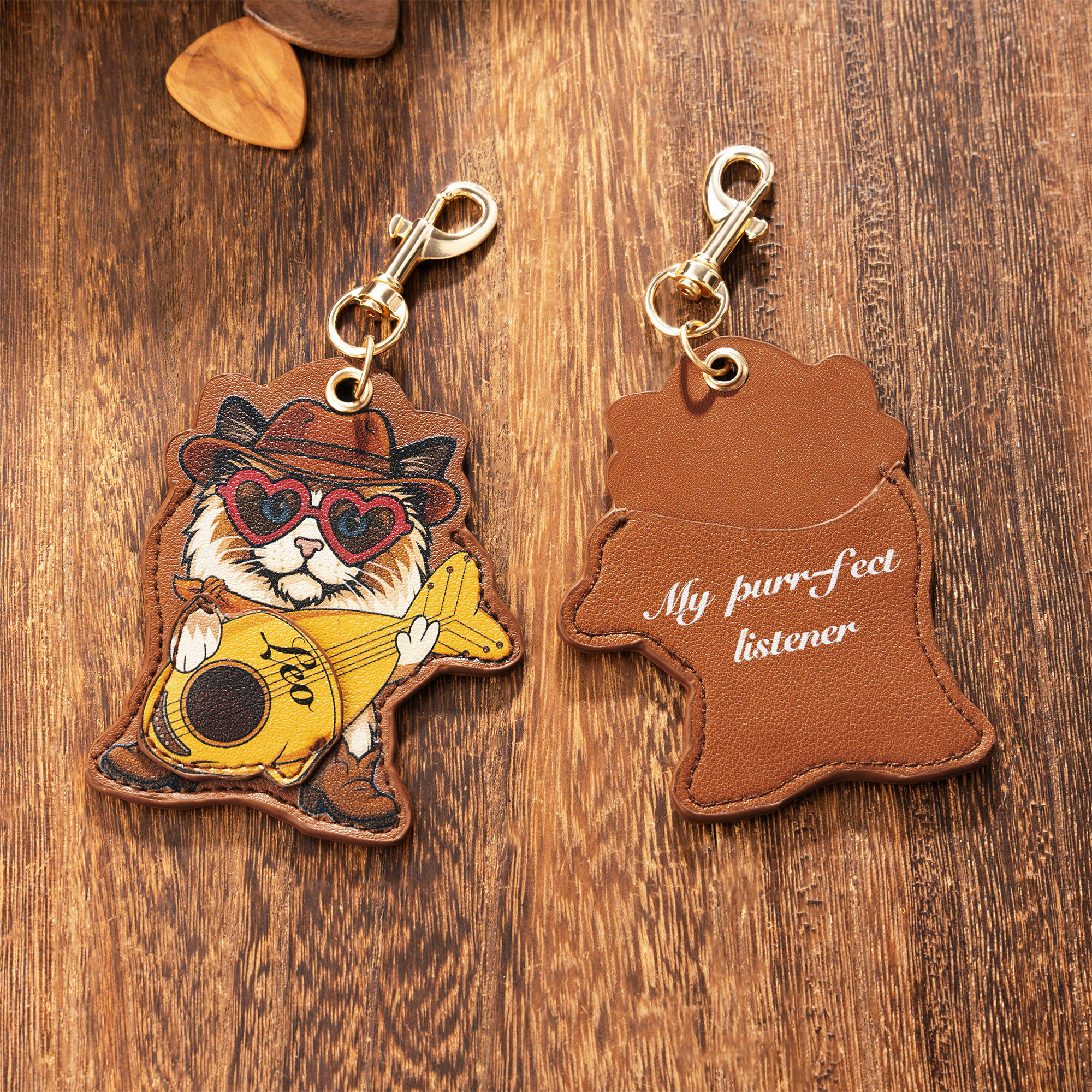 Porte-clés personnalisé pour guitare avec nom et texte Cadeau d'anniversaire pour les amoureux de la guitare et des chats