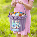 Personalized Cute Cartoon Rabbit Initial Easter Plaid Basket with Ruffles and Name Egg Hunting Party Easter Gift for Kids