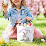 Personalized Happy Easter Bunny Design Large Capacity Canvas Easter Basket with Name and Text Easter Egg Hunting Party Gift for Boys Girls