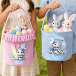 Personalized Cute Cartoon Rabbit Initial Easter Plaid Basket with Ruffles and Name Egg Hunting Party Easter Gift for Kids