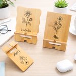 Personalized Birth Flower Bamboo Wooden Phone Stand Ipad Holder with Name Desk Organizer Daily Use Birthday Gift for Women