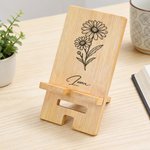 Personalized Birth Flower Bamboo Wooden Phone Stand Ipad Holder with Name Desk Organizer Daily Use Birthday Gift for Women