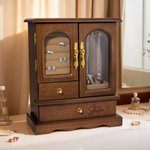 Personalised Multi-Compartment Retro Bookcase Design Wooden Armoire Jewellery Box with Name and Initial Birthday Valentine's Day Wedding Gift for Women