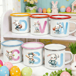 Gepersonaliseerde Cartoon Sport Konijn Initial 12 oz Gekleurde rand emaille mok met naam Pasen Party Gift voor jongens meisjes