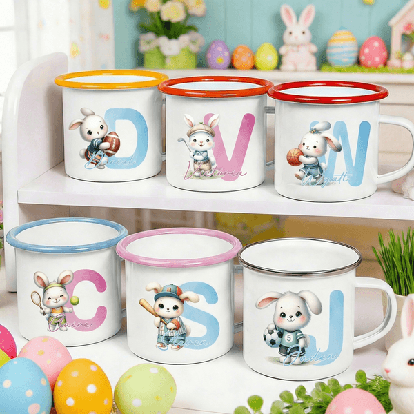 Personalized Cartoon Sports Rabbit Initial 12 oz Colored Rim Enamel Mug with Name Easter Party Gift for Boys Girls