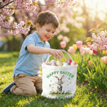 Personalized Happy Easter Bunny Design Large Capacity Canvas Easter Basket with Name and Text Easter Egg Hunting Party Gift for Boys Girls