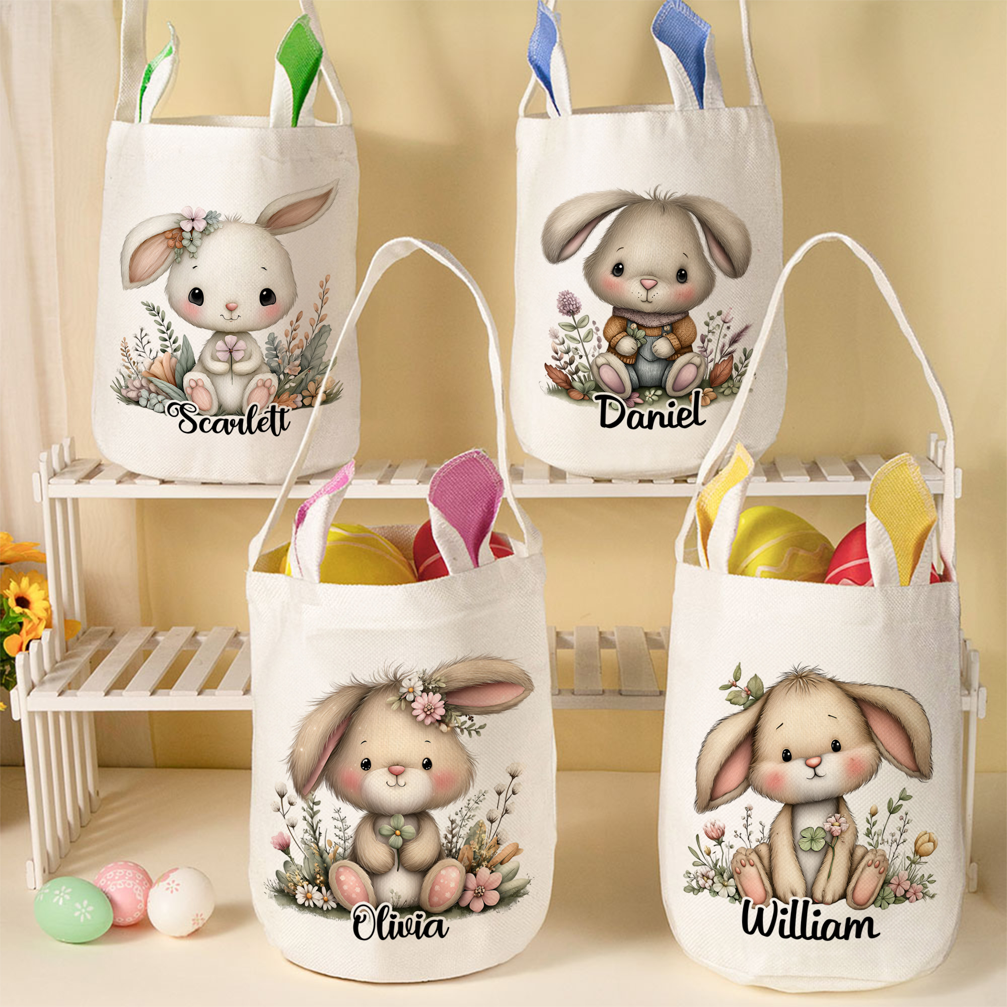 Panier de Pâques personnalisé avec nom Lapin fleuri Oreilles de lapin Fête de Pâques Cadeau pour enfants