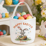 Personalized Happy Easter Bunny Design Large Capacity Canvas Easter Basket with Name and Text Easter Egg Hunting Party Gift for Boys Girls