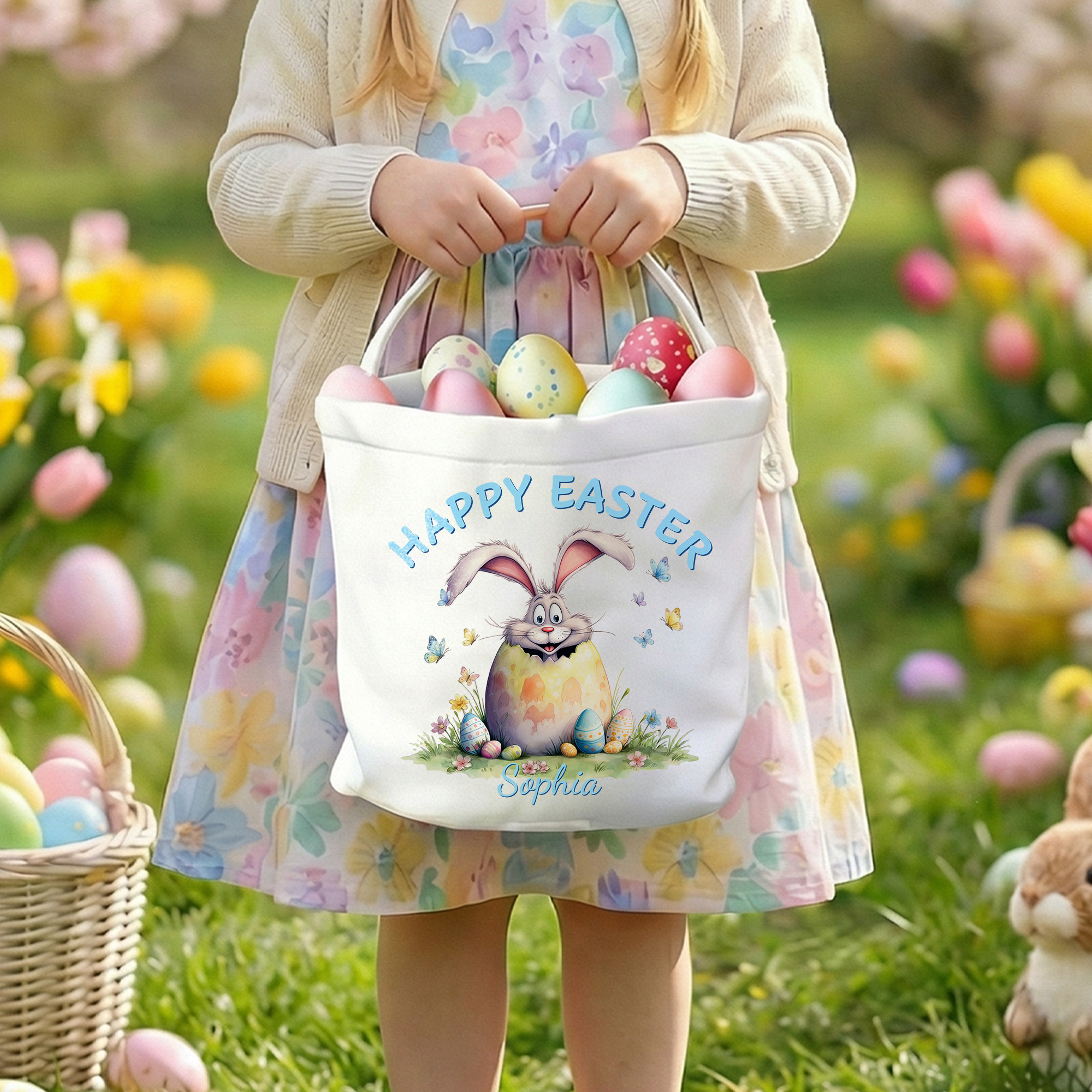 Panier de Pâques en toile avec nom et texte Cadeau de fête pour garçons filles