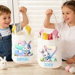 Personalized Cute Cartoon Rabbit Initial Bunny Ears Easter Basket with Name Egg Hunting Accessory Easter Gift for Boys Girls