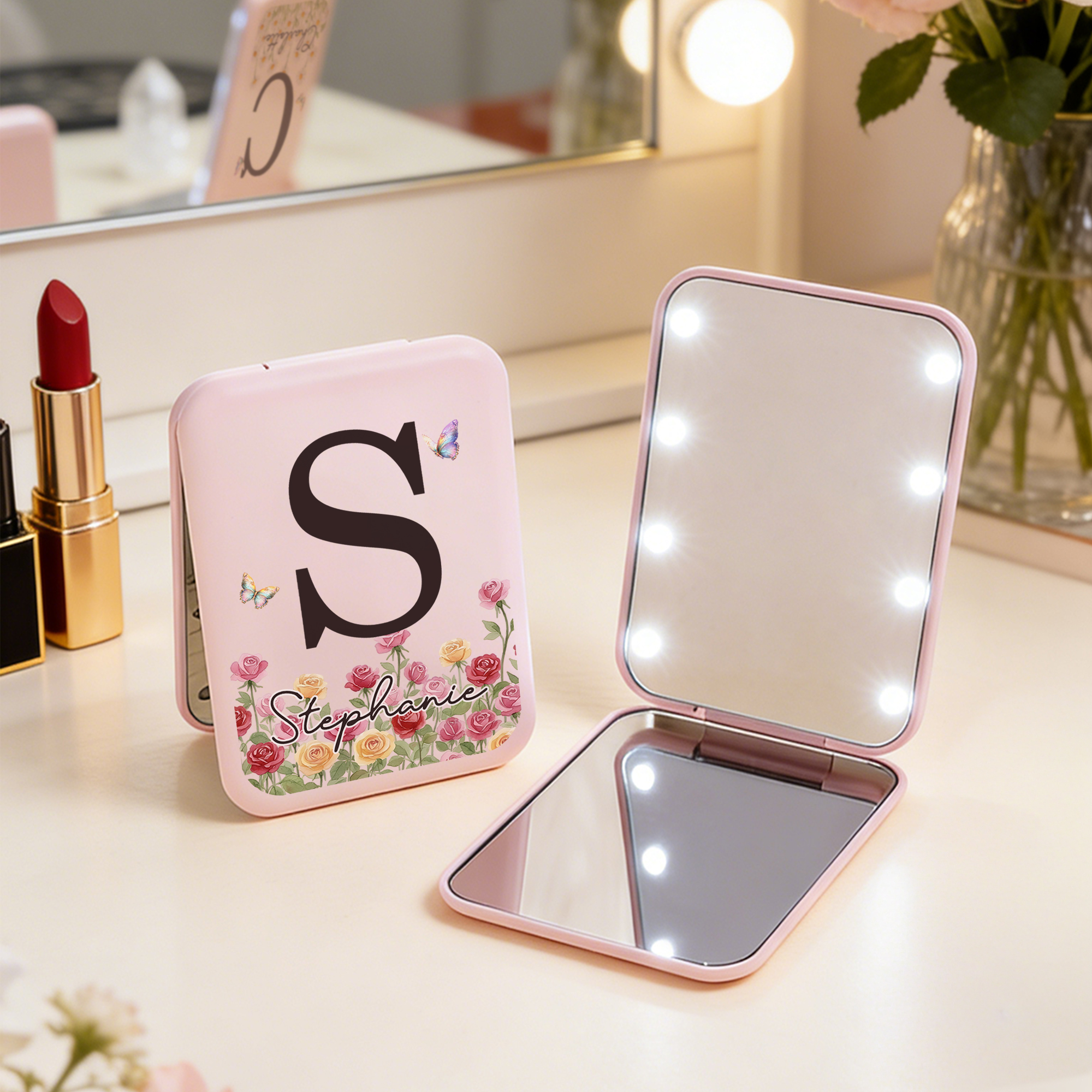 Miroir compact LED personnalisé avec nom et initiale, fleur de naissance, papillon, mariage, anniversaire, fête des mères, cadeau pour femme