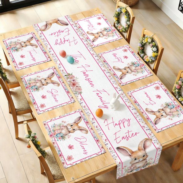 Personalized Watercolor Style Easter Bunny Table Runner and Matching Placemats Set with Family Name Dining Table Decor Easter Gift for Family Friends