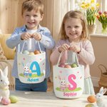 Personalized Cute Easter Bunny Egg Initial Large Capacity Canvas Easter Basket with Name Eggs Hunting Party Easter Gift for Kids