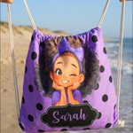 Personalised Polka Dots Cute Cartoon Little Girl 2 in 1 Foldable Quick Dry Beach Towel & Bag with Name Travel Birthday Gift for Black Girls