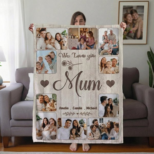 Personalised 10 Family Photos Soft Throw Blanket with 1-8 Names and Text Home Decor Mother's Day Father's Day Birthday Gift for Mom Grandma Dad
