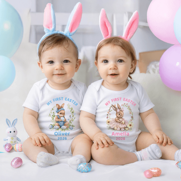 Personlig søt kaninkrans i 100 % bomull Babybody med navn og årstall Påskefest Bursdagsgave til baby