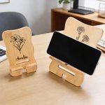 Personalized Birth Flower Bamboo Wooden Phone Stand Ipad Holder with Name Desk Organizer Daily Use Birthday Gift for Women