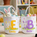Personalized Cute Easter Bunny Egg Initial Large Capacity Canvas Easter Basket with Name Eggs Hunting Party Easter Gift for Kids