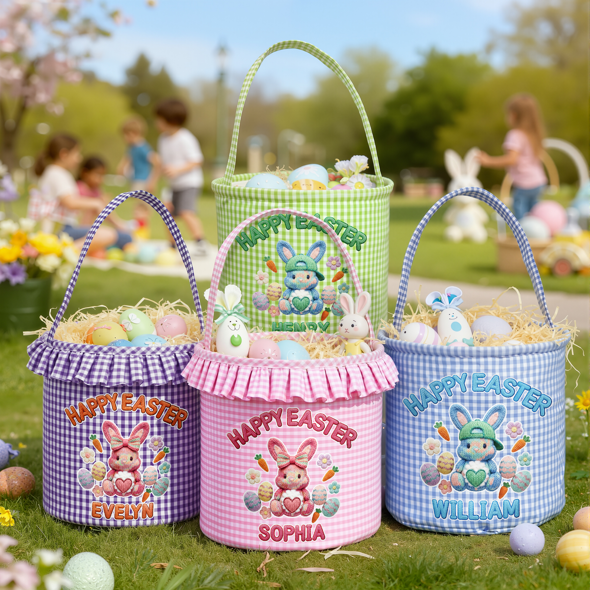 Panier de Pâques personnalisé avec le nom d'un lapin, d'une carotte et d'une fleur en faux fil. Cadeau de Pâques pour garçons et filles.