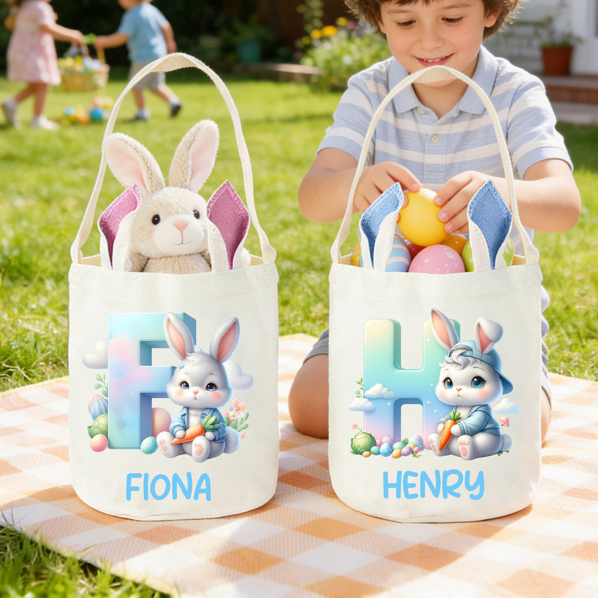 Panier de Pâques personnalisé avec nom et oreilles de lapin en dessin animé Accessoire de chasse à l'œuf Cadeau de Pâques pour garçons filles