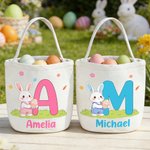 Personalized Cute Easter Bunny Egg Initial Large Capacity Canvas Easter Basket with Name Eggs Hunting Party Easter Gift for Kids