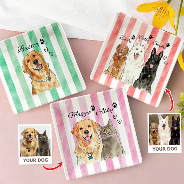Personalised Stripe Paw Print Watercolor Style Pet Photo Ceramic Trinket Jewellery Dish with Name Home Decor Birthday Memorial Gift for Pet Lovers
