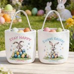 Personalized Happy Easter Bunny Design Large Capacity Canvas Easter Basket with Name and Text Easter Egg Hunting Party Gift for Boys Girls