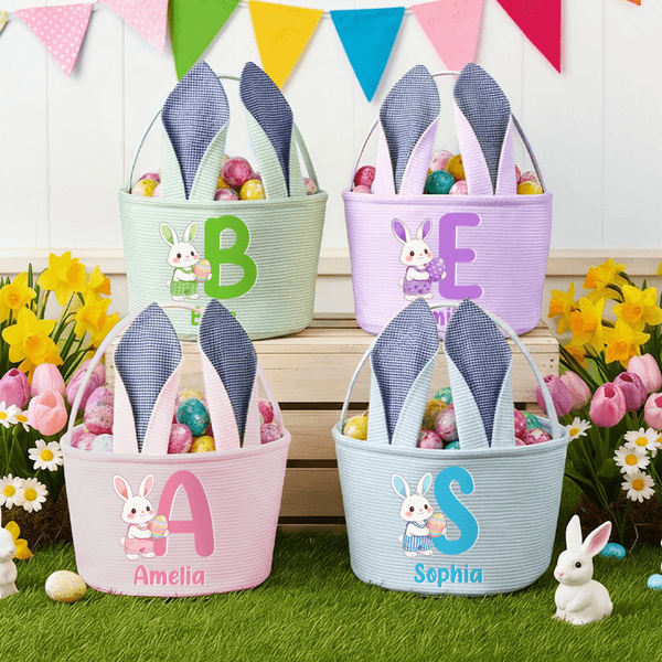 Personalized Cute Rabbit Easter Egg Ears Stripe Easter Basket with Name and Initial Easter Party Favor Eggs Hunting Gift for Kids