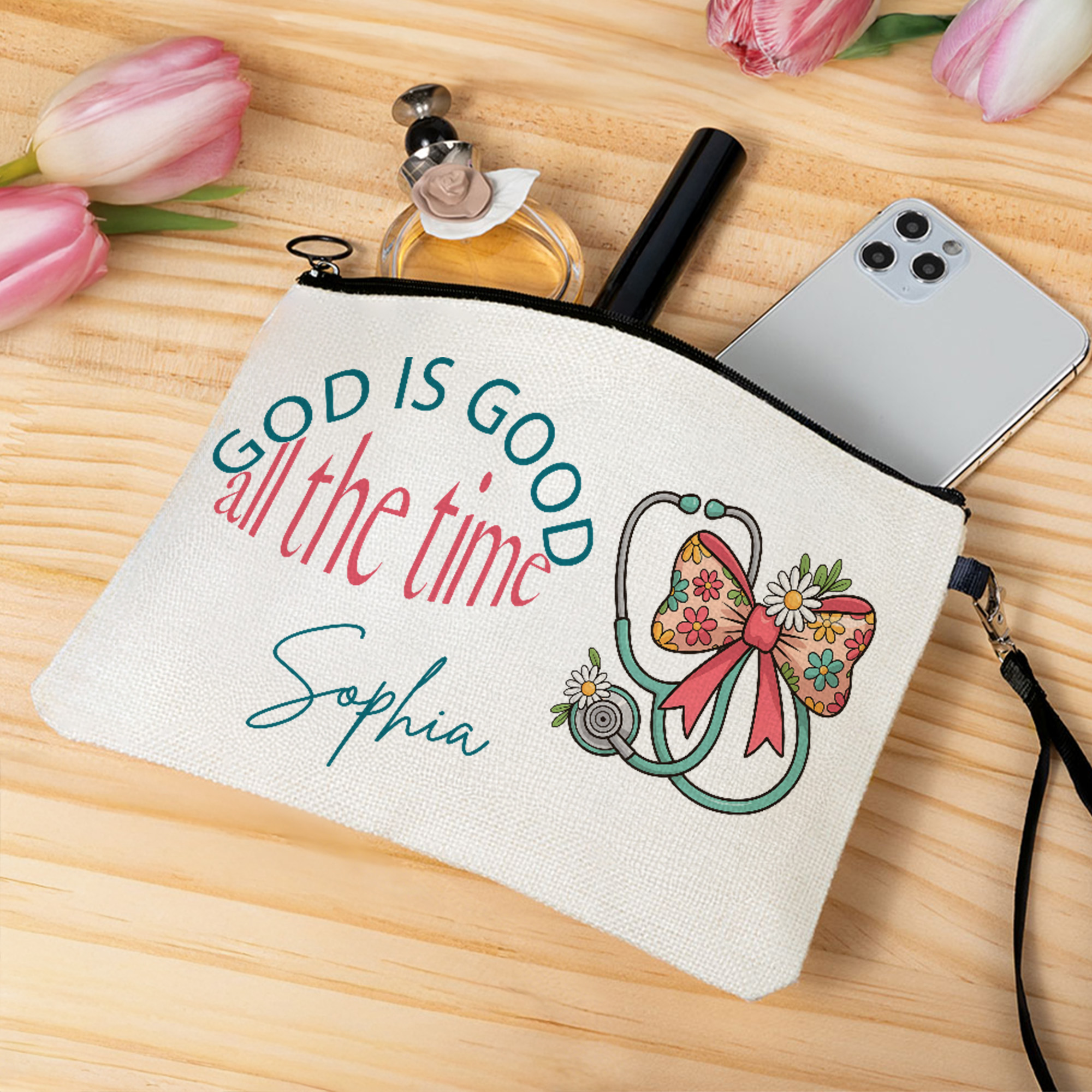 Trousse de maquillage personnalisée God is Good All the Time avec nom et dragonne Cadeau d'anniversaire pour infirmière