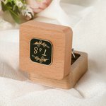 Personalized Black Gold Border Monogram Wooden Ring Box with Name and Initial Date Engagement Wedding Ceremony Gift for Couple