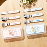 Personalized Cute Bunny Initial Safe Stainless Steel Fork Spoon Knife 3 Pcs Cutlery Set with Name and Case Back to School Birthday Gift for Boys Girls