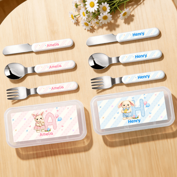 Personalized Cute Bunny Initial Safe Stainless Steel Fork Spoon Knife 3 Pcs Cutlery Set with Name and Case Back to School Birthday Gift for Boys Girls