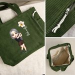 Personalized Cartoon Golfer Character Birth Flower Corduroy Tote Bag with Name Travel Essential Birthday Gift for Women Golf Lovers