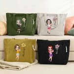 Personalized Cartoon Golfer Character Birth Flower Corduroy Tote Bag with Name Travel Essential Birthday Gift for Women Golf Lovers